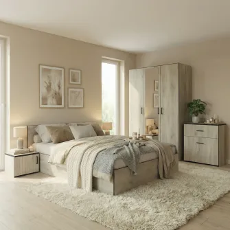 Dormitor Hoff Treff, Pat 160x200 cm, Dulap, 2 Noptiere, Comoda, Culoare Castan